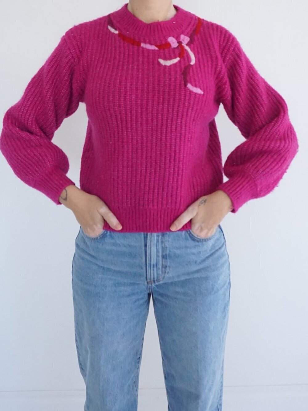 Kate Spade Pink Knit Embroidery Bow Intarsia Rib Sweater Wool Blend S